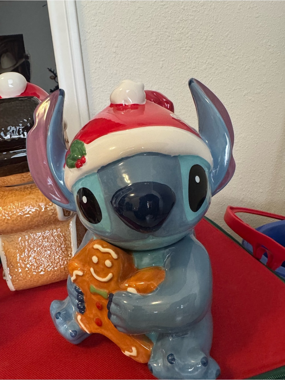 Disney Blue Stitch Holiday Cookie Jar with Red Santa Hat